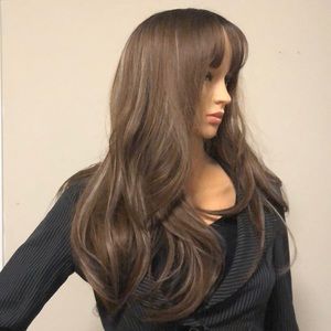 brown highlights wig long ombré chocolate ripple ashy lights bangs 22 inch NWT